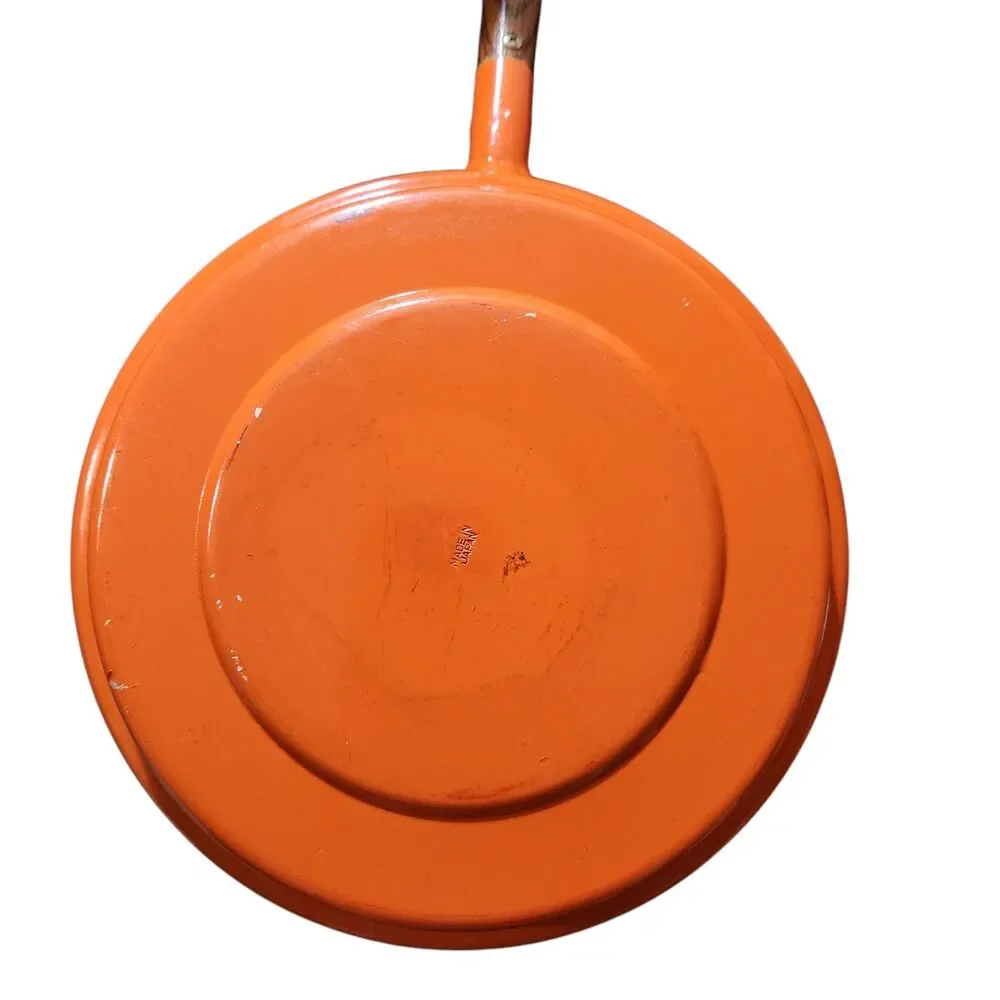 Vintage Enamel Pan and Lid Orange w/ White Flowers Wood Handles Made in Japan
